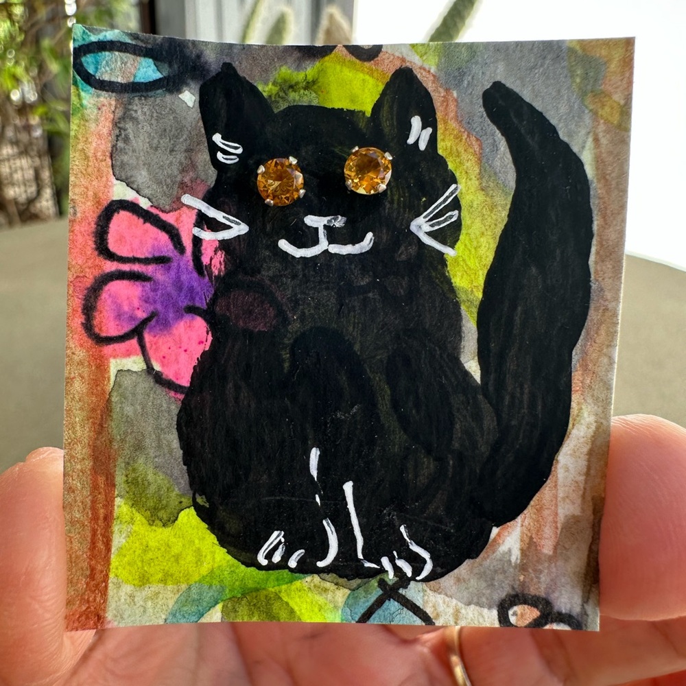 One of a kind, handmade whimsical black cat with amber stud earring eyes
